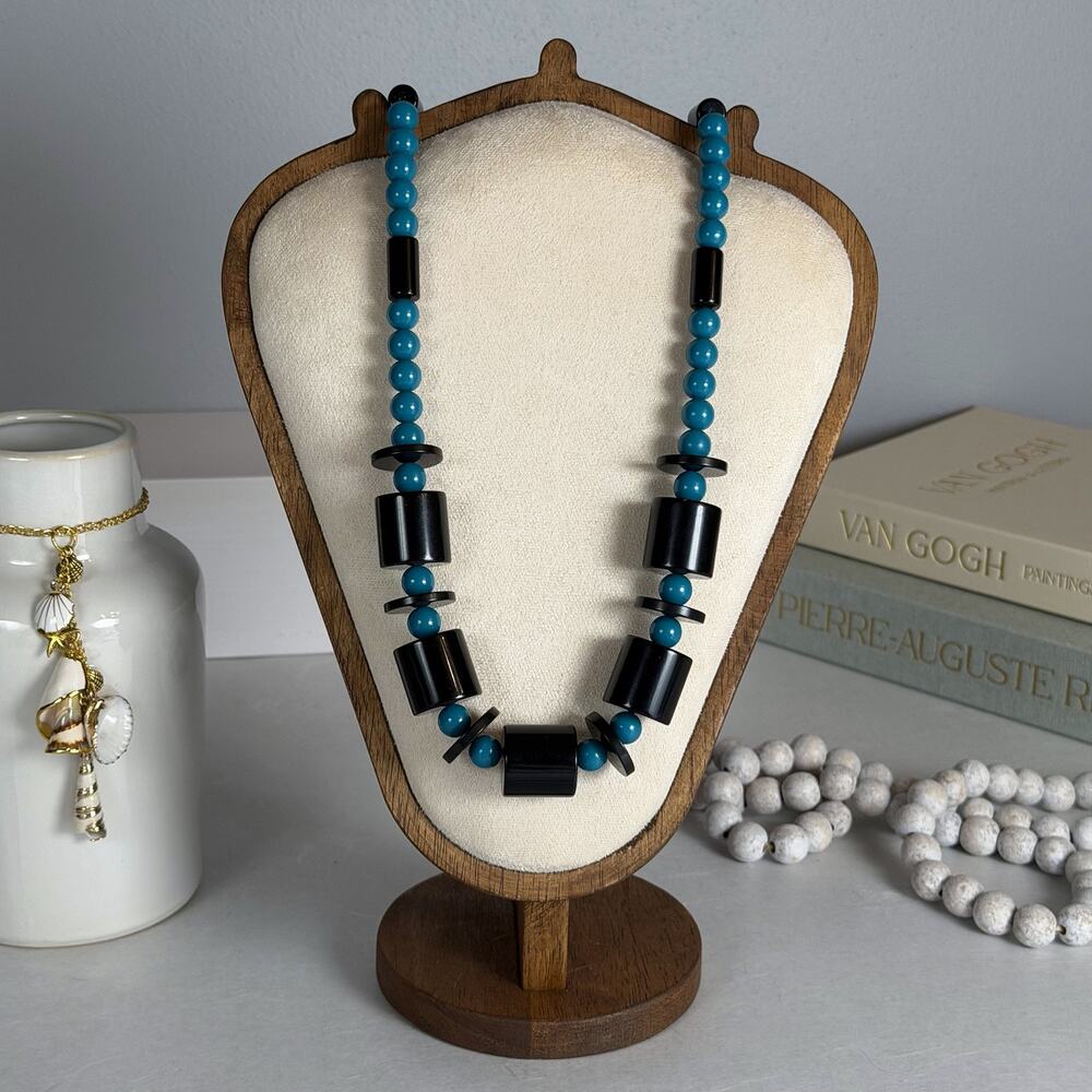 Standout Vintage 1980s 30" Acrylic Teal & Black Cylinder & Disc Beaded Necklace